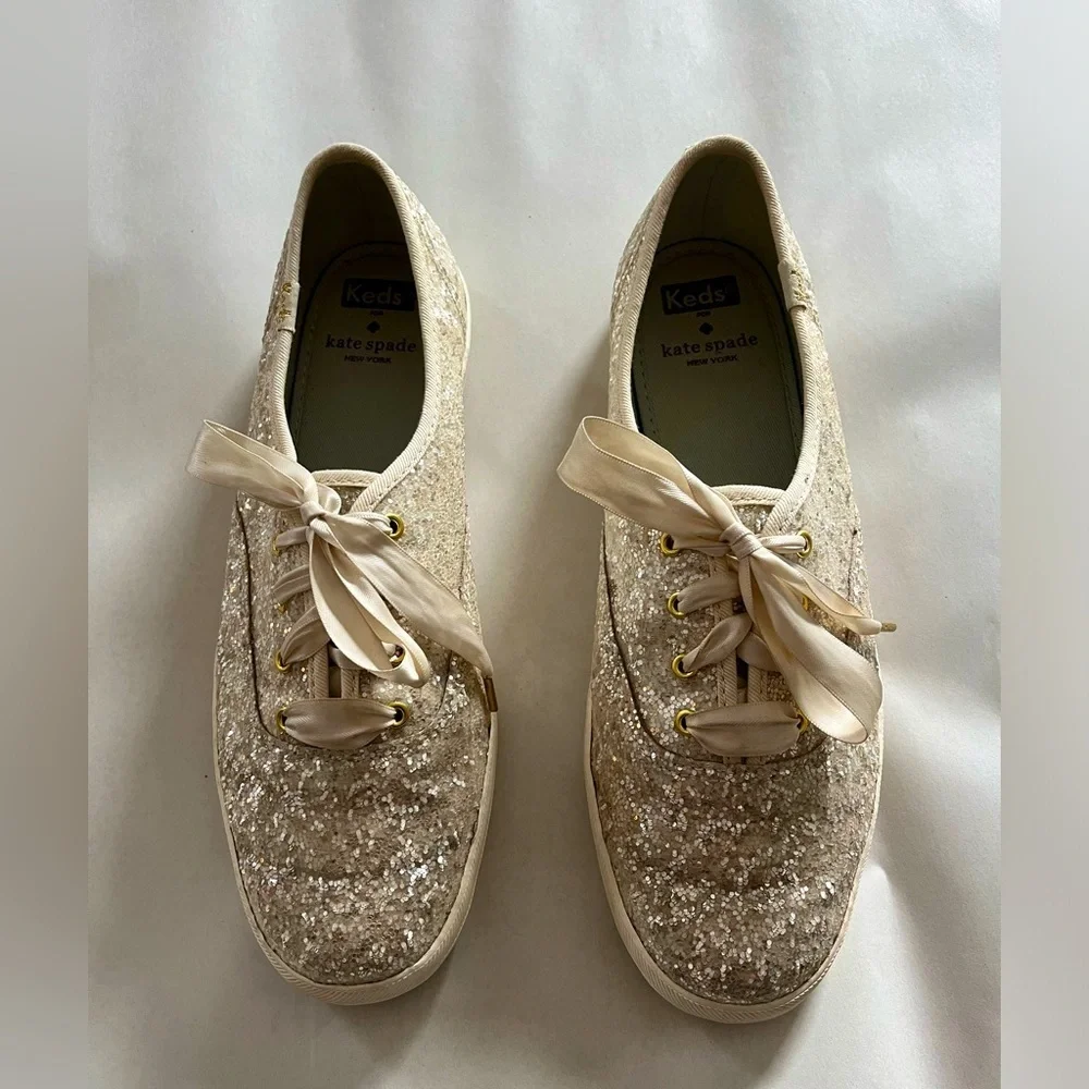 Kate Spade Keds Blinged Out Cream Glitter Canvas Sneakers Fun Ribbon Lac…